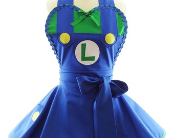 Retro Styled Womans Apron - PERSONALIZED Super Plumber Luigi Costume Apron - Kitchen, Hostess & Cosplay Aprons by BambinoAmore (US Sz. 2-14)