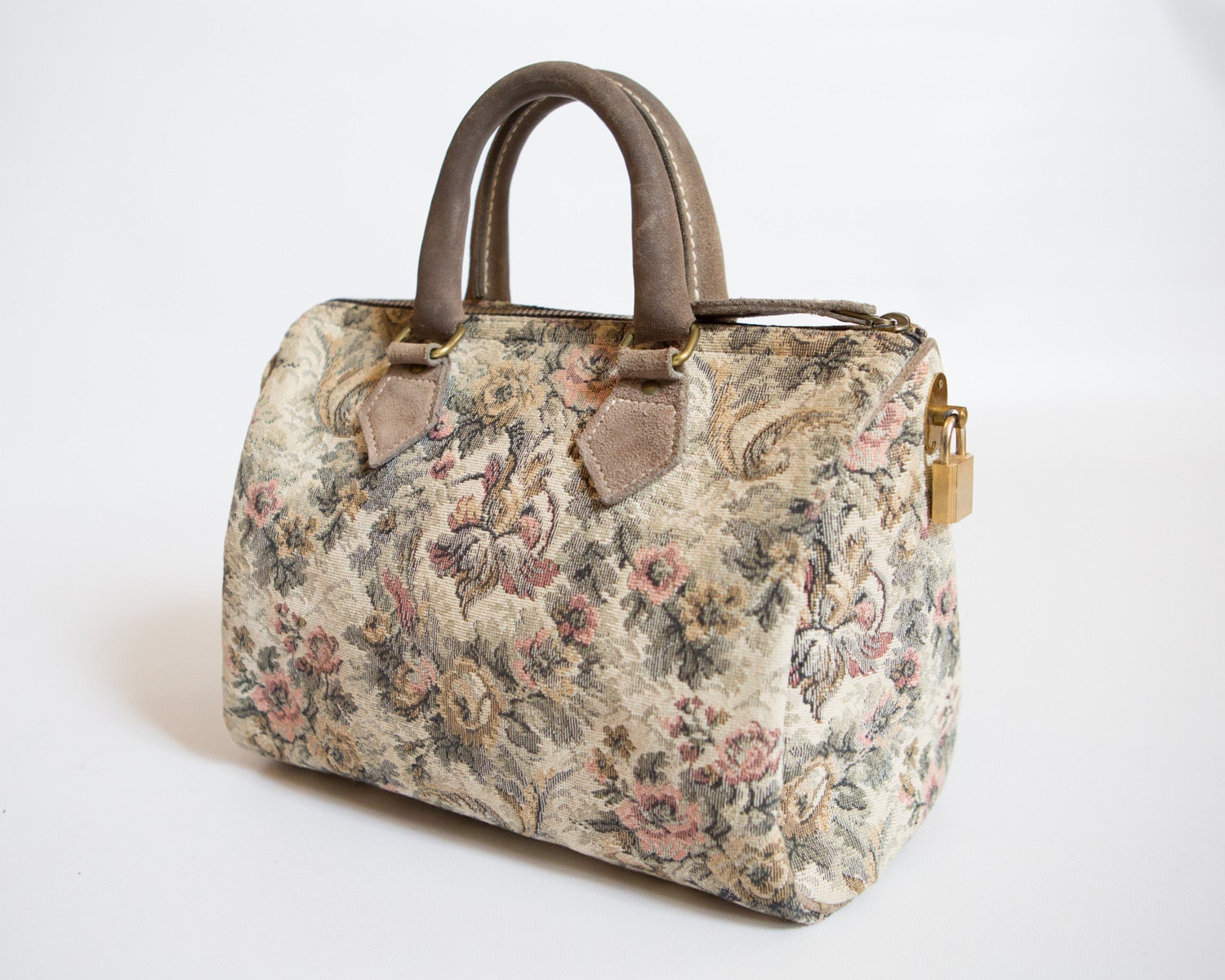 Vintage French Luggage Company Grey Rose Tapestry and Grey