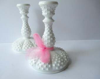Vintage Fenton Milk Glass Hobnail Candleholder Pair - Elegant
