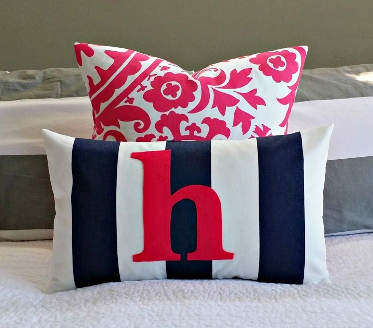 Monogrammed Lumbar Pillow Cover Navy and White by nest2impress