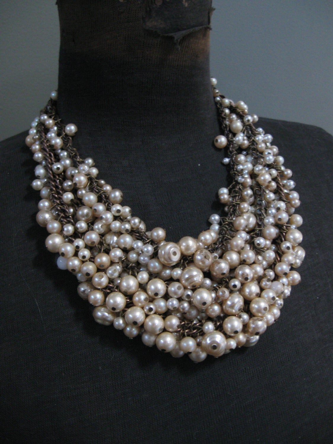 Pearl Bib Statement Necklace Ivory Cream Ecru and Brass