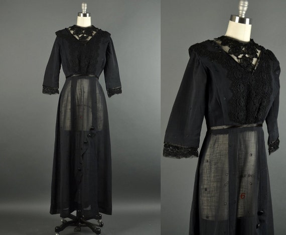 Vintage 1910s Dress / Edwardian lace Dress / black lace