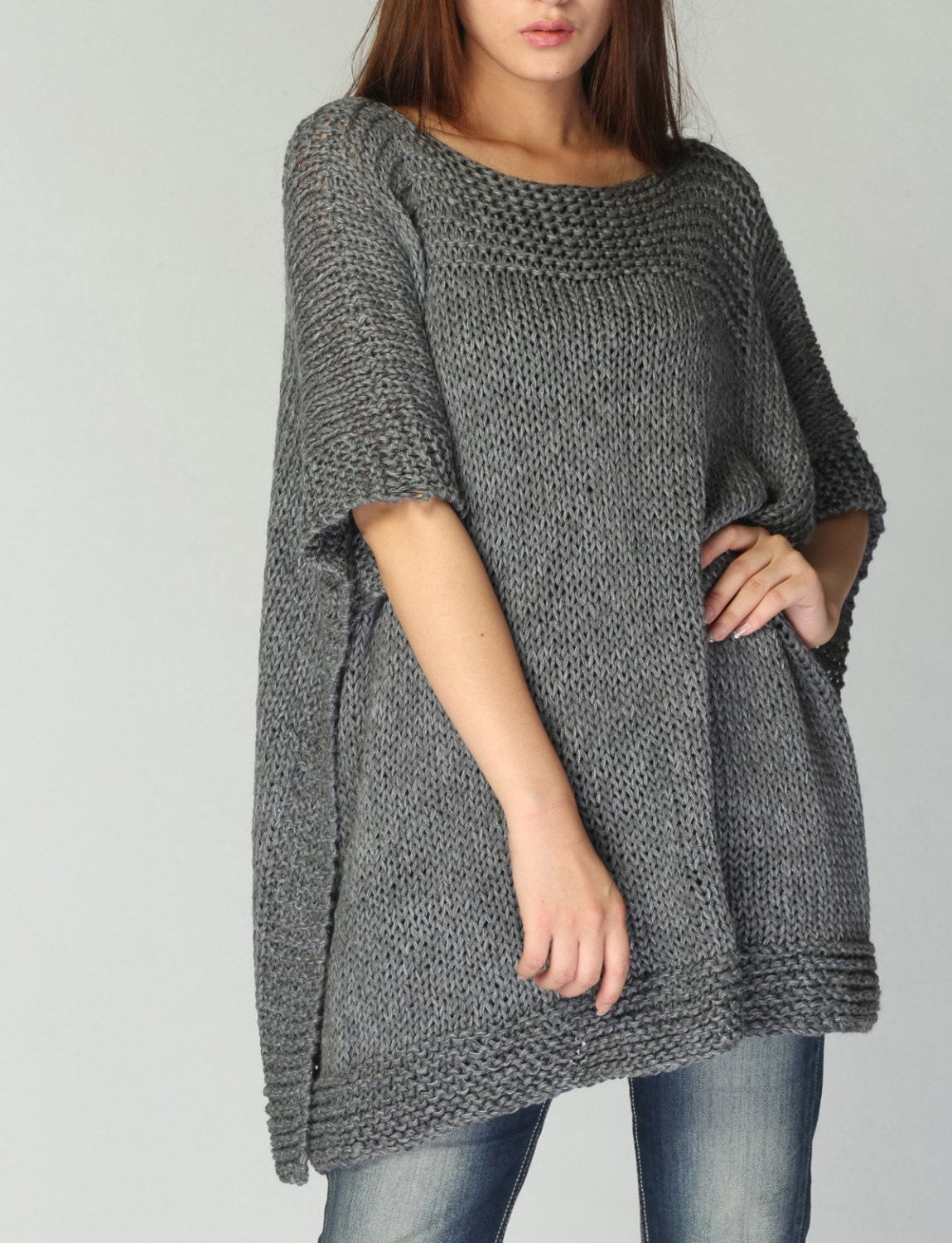 Hand knitted Poncho/ capelet in Charcoal eco cotton poncho