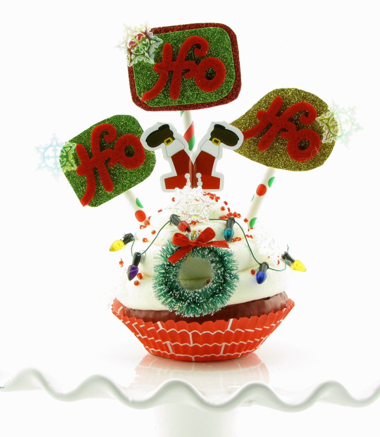 Santa Fake Cupcake Holiday Decor w/ Wreath, Snowflake, Lights. READY TO SHIP! Secret Santa Gift. Santa 12 Legs Original Decor