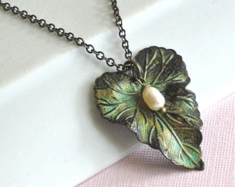 Leaf Necklace - Verdigris Patina, Pearl, Leaf Jewelry