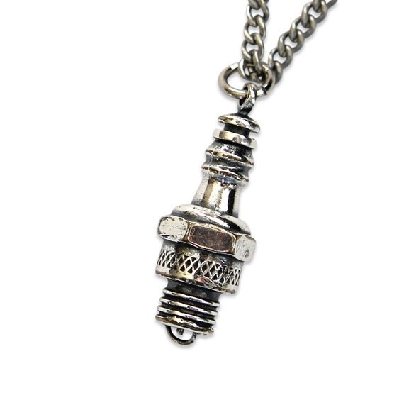 Silver Spark Plug Necklace in Solid White Bronze with Sterling