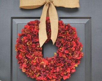 Essence of Fall Hydrangea Wreath- Fall Wreath- Fall Decor- Fall Hydrangeas Wreath Burlap Ribbon- Pumpkin Decoration- Pumpkin Decor- Wreaths