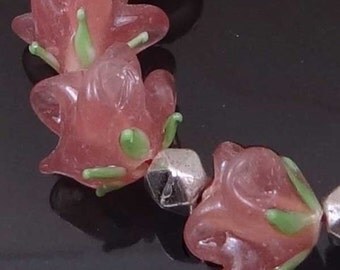 Lampwork Handmade Glass Pink Rose Floral Beads (8) (L1137)