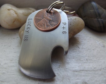 Lucky Too, New version stainless steel bottle opener keychain With TWO pennies