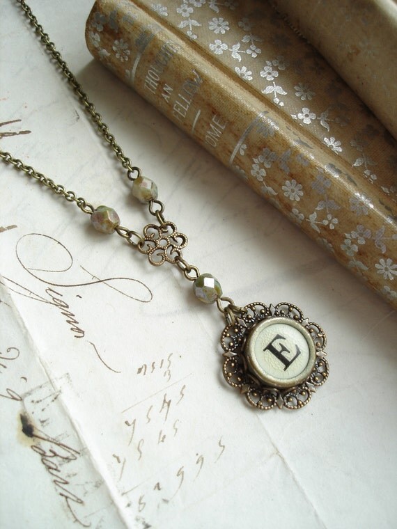 Typewriter Key Jewelry. Letter E Necklace & Crystals. Vintage