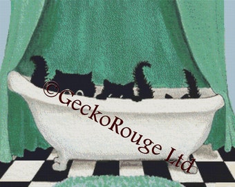 Modern black cat cross stitch kit, AmyLyn Bihrle, Black Cat, counted Cross Stitch Kits, Bath Tub, Three Black Cats,