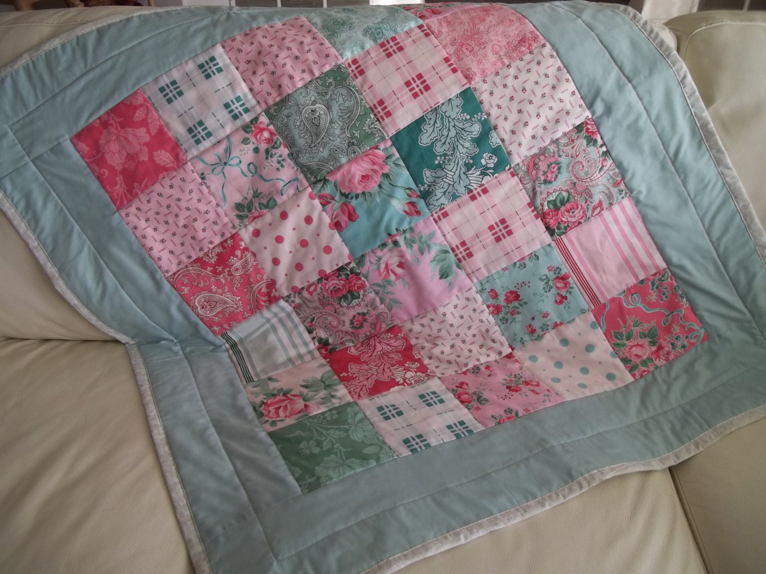 Shabby Chic Baby Girl Quilt Lap Quilt Pink and Green