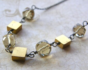 Topaz Cube Necklace, Vintage Brass Squares Necklace, Mixed Metals Necklace