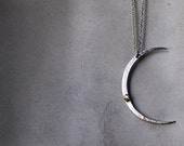 Seeing The Dark Side of the Moon Necklace with Brass Star Rivet- Large Modern Hammered Crescent Moon Necklace