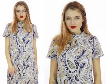 Mod Shift Dress 60s Paisley Textured Navy Blue Tan 70s MOD Mini 1960s Psychedelic Abstract A-Line Retro Indie Day Dress Medium M