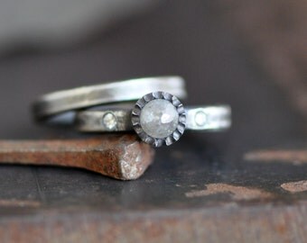 rose cut diamond ring set in sterling silver with flush set diamond, dark silver, wedding set, April birthstone, made to order