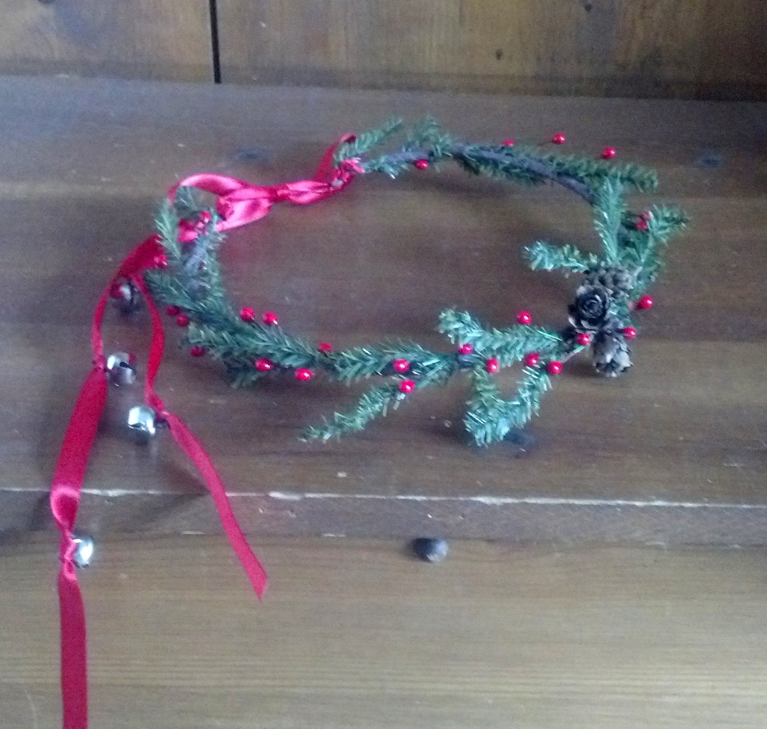 Over the River and thru the Woods ........Holiday hair wreath Red berry vine flower crown pine greens Winter rustic wedding bridal acessorie