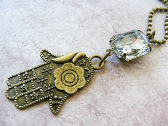 Hand Palm and Flower Antique Brass Pendant Silver by meiguidesigns