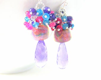 Colorful Gemstone Cluster Earrings, Amethyst Earrings, Boro Lampwork Earrings, Pink Blue Purple Glass Earrings, Gemstone Jewelry - Dreamy
