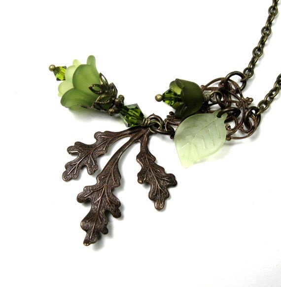 Vintage Style Pendant Necklace, Vintaj Brass, Green, Olivine, Gifts for Gardeners, Woodland, Swarovski Crystal, Floral Statement Necklace