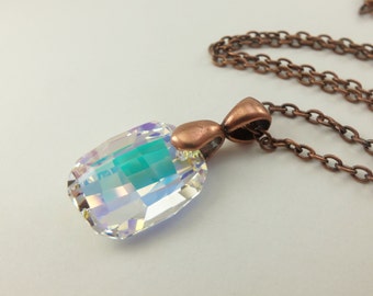 Clear Crystal Pendant Necklace Antiqued Copper Pendant Swarovski Crystal Rectangle Geometric Clear Pendant Crystal