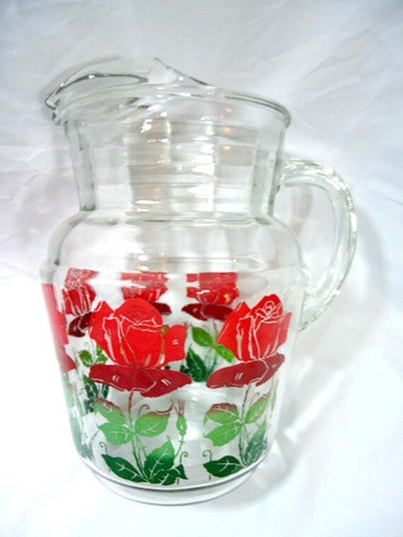 Vintage Mid Century Rose Glass Pitcher by CherryBerryVintage