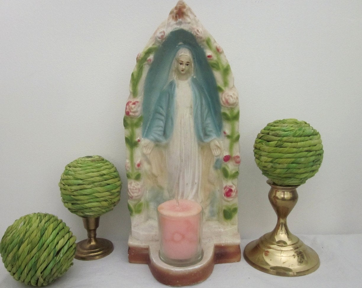 Vintage Catholic Virgin Mary Votive Candle Holder Shrine Rose