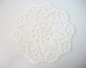White Doily Crochet Cotton Lace with Large Flower Center and Scalloped Edge Heirloom Quality