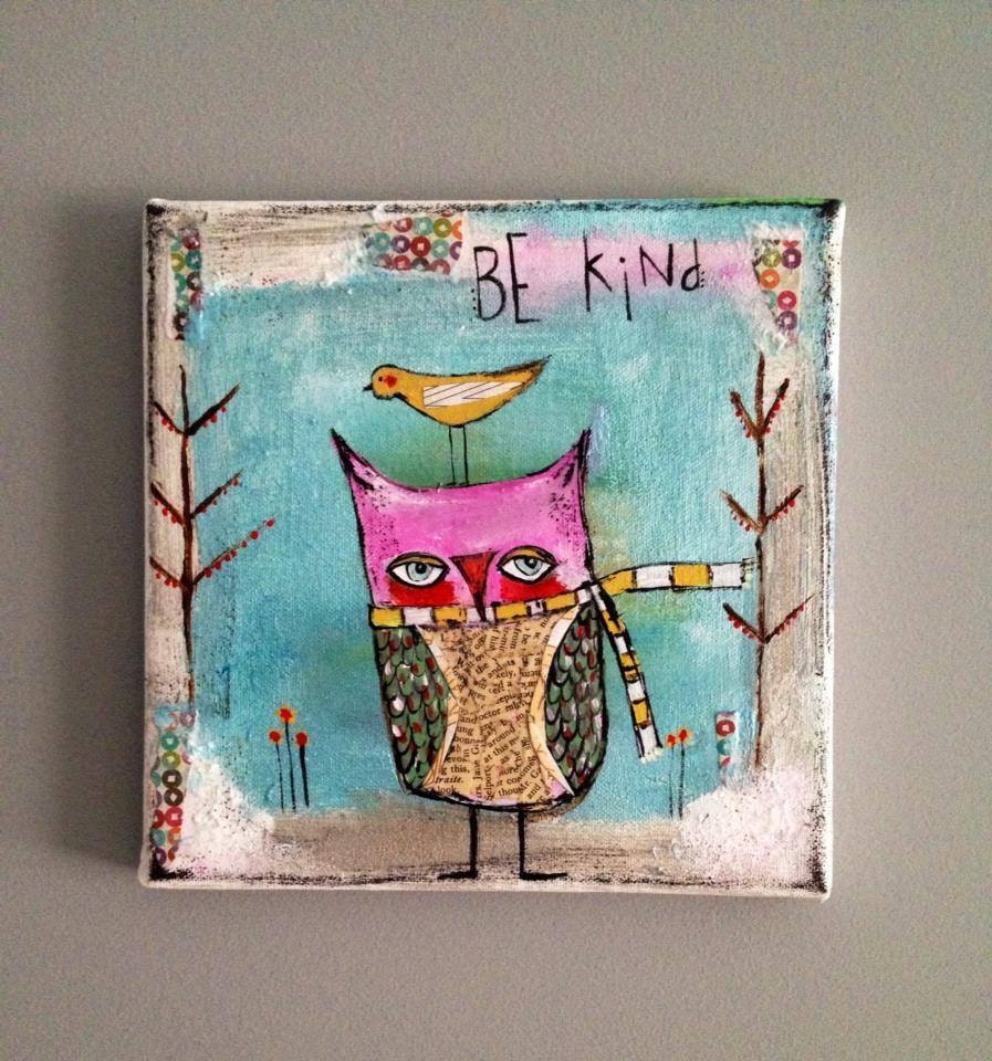 Owl with bird original mixed media painting with an