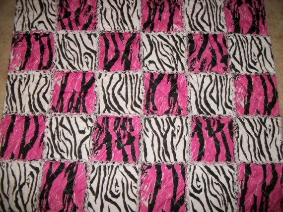 Pink Black Zebra Rag Quilt Baby Blanket by MoonlitCountryNights