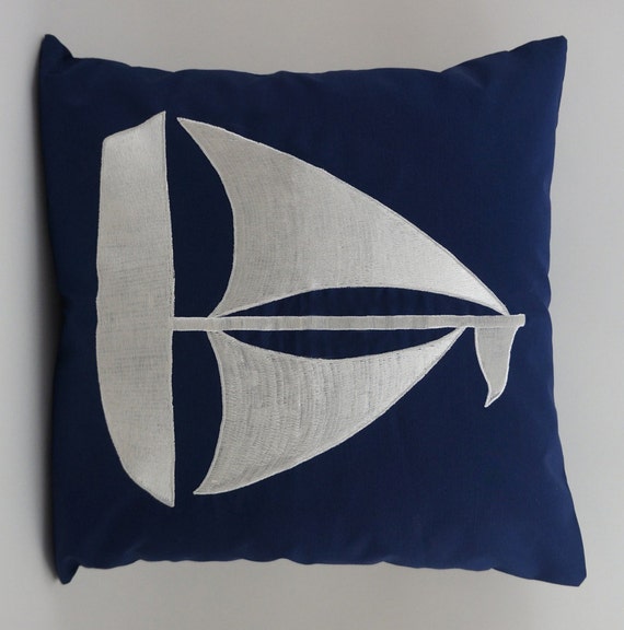 Sailboat Pillow Cover Embroidery Nautical Pillow by IndoDesigns