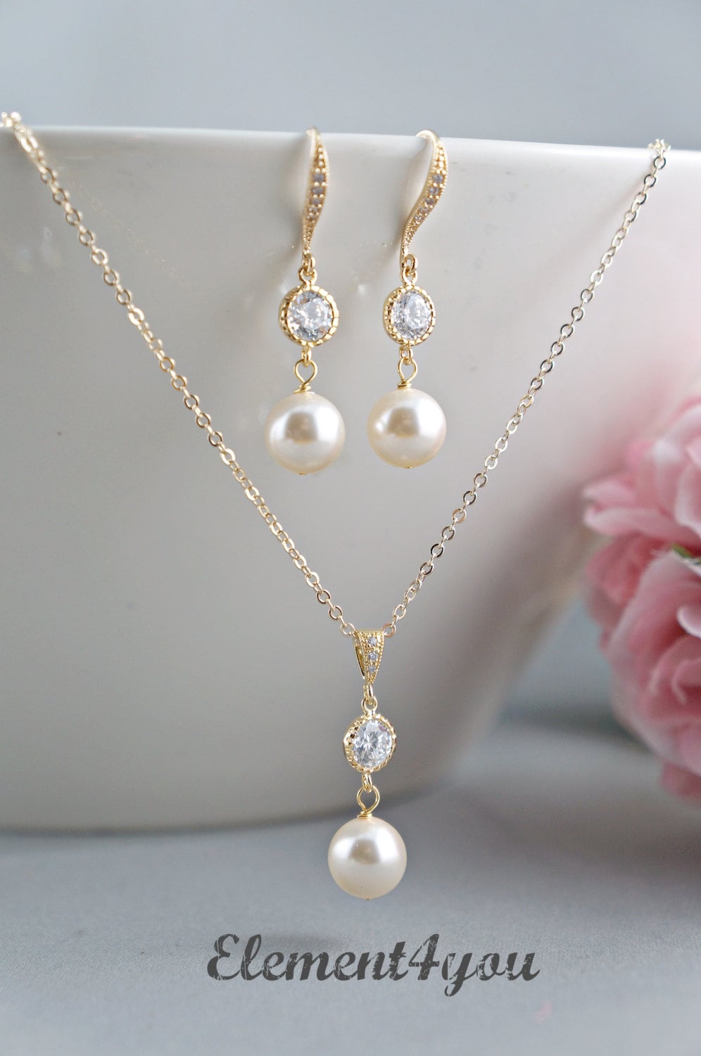 Bridal Jewelry Set Bridesmaid Necklace Earrings Set Pearls 8354