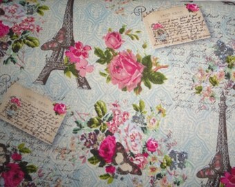 Vintage paris postcard Eiffel Tower pink rose butterfly fabric sewing quilting 1 yard