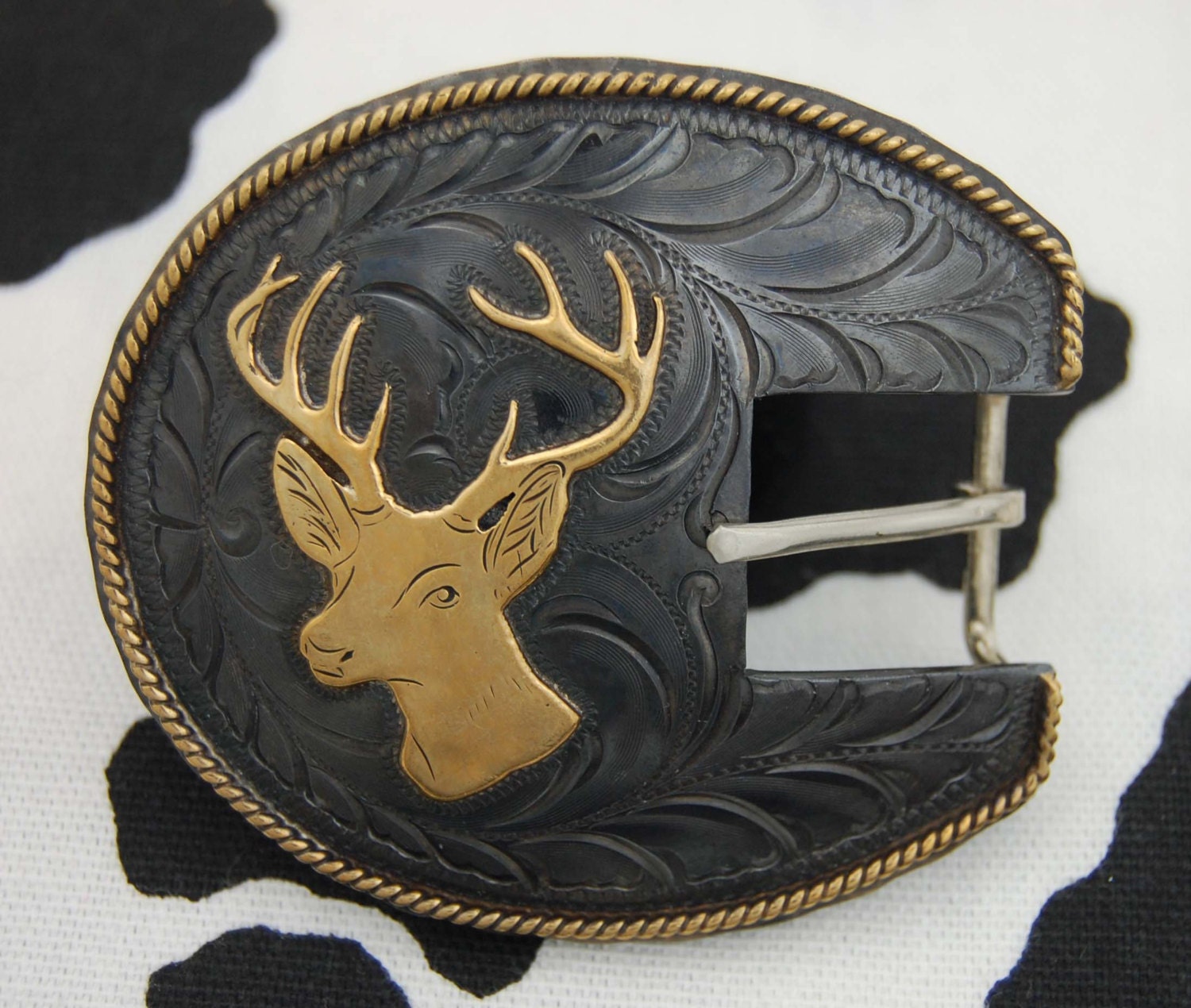 Buck Hand Engraved Western Style Belt Buckle by thegigglesgalore
