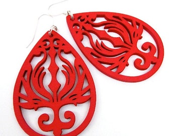 Red Wood Earrings -- Laser Cut Wood Earrings -- Wooden Drop Earrings -- Big Red Earrings -- Red Drop Earrings -- Red Teardrop Earrings