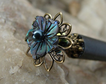 Shell Flower Hair Stick Mystic Blue with Swarovski Pearl and Crystal Floral Hair Sticks Kanzashi Hair Pins Hair Chopsticks - Hadara