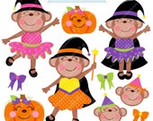 Girly Halloween Monkeys Cute Digital Clipart - Commercial Use OK - Halloween Graphics, Halloween Clipart, Witch Graphics, Witch Monkey Il_170x135