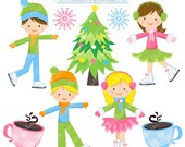 Ice Skating Fun Cute Digital Clipart - Commercial Use OK - Ice Skating Graphics, Ice Skating Clipart, Christmas Il_170x135
