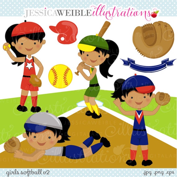 Girls Softball V2 Cute Digital Clipart Commercial Use OK Softball Graphics, Softball Clipart