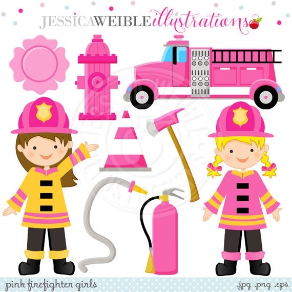 Pink Firefighter Girls Cute Digital Clipart - Commercial Use OK - Pink