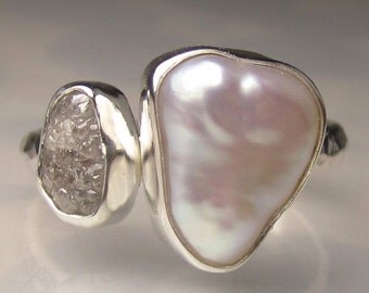 Baroque Pearl and Rough Diamond Ring - Recycled Palladium Sterling Engagement Ring - Made to Order