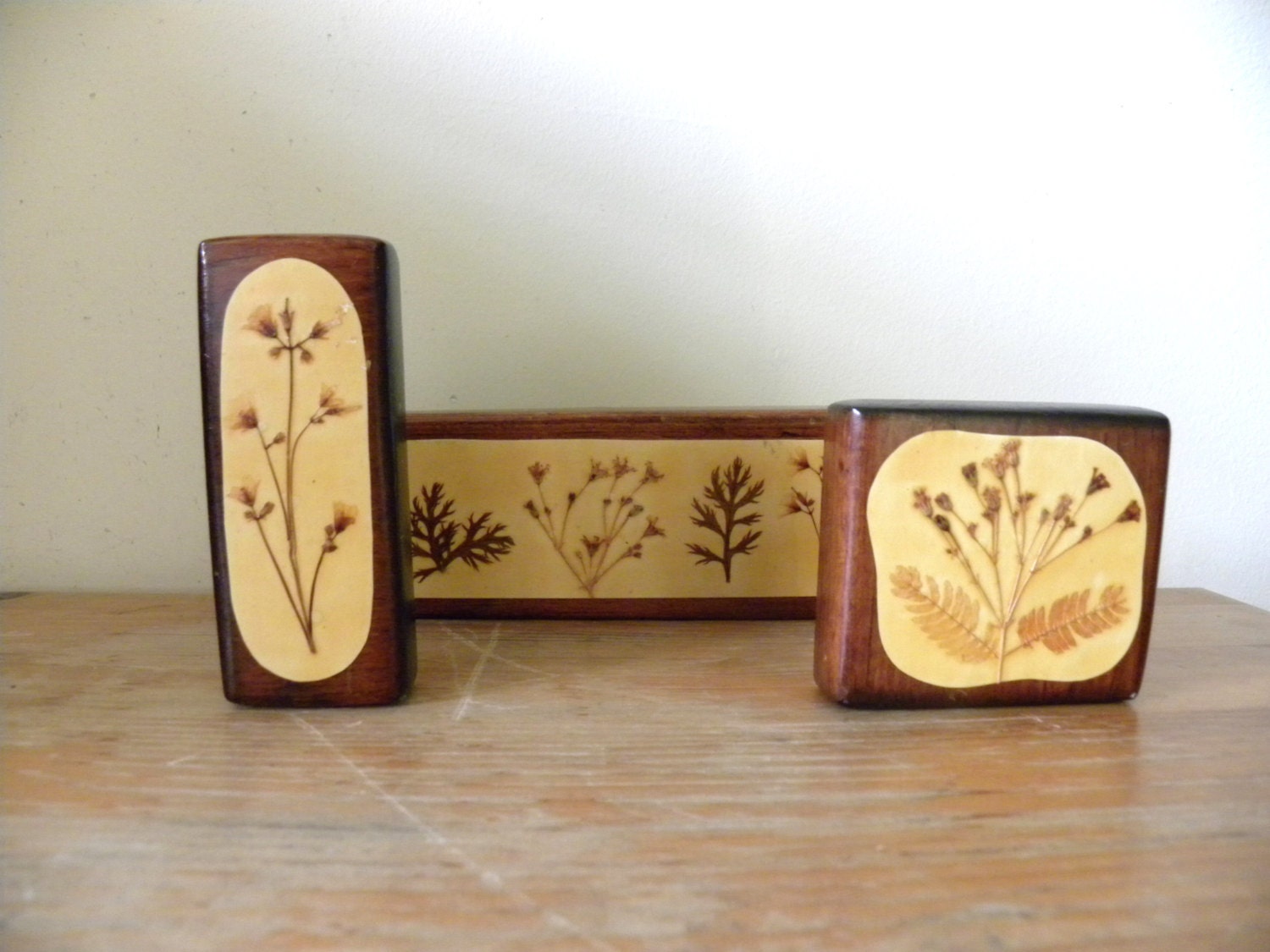 Vintage Wood Blocks Decoupage Pressed Flowers Herbarium on