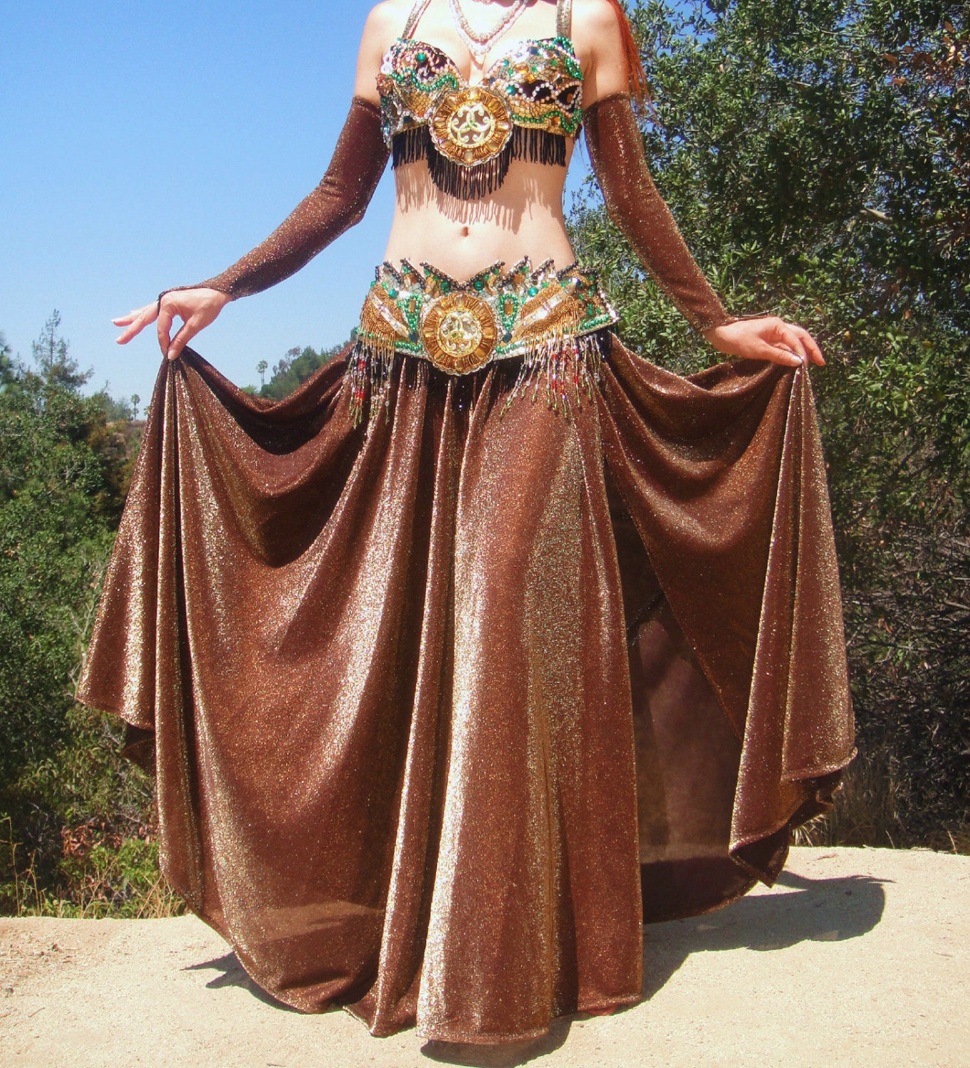 Ameynra Professional Belly Dance Costume Gold Brown Sparky