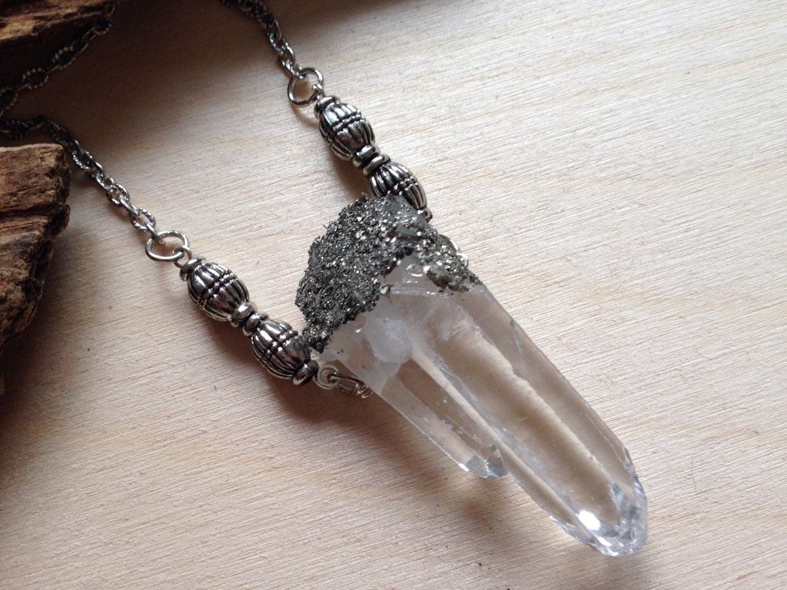 Clear Quartz Crystal Necklace/ Raw Quartz/ Crushed Pyrite/