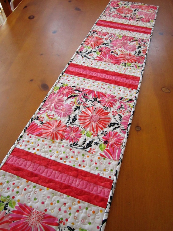 SALE Pink Floral Stripe Table Runner Handmade Quilted Table