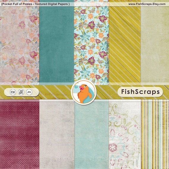 Chic Floral Digital Paper Patterns - Shabby Textured - Chartreuse & Magenta (Pocket Full of Posies) Personal and Commercial Use Il_570xn