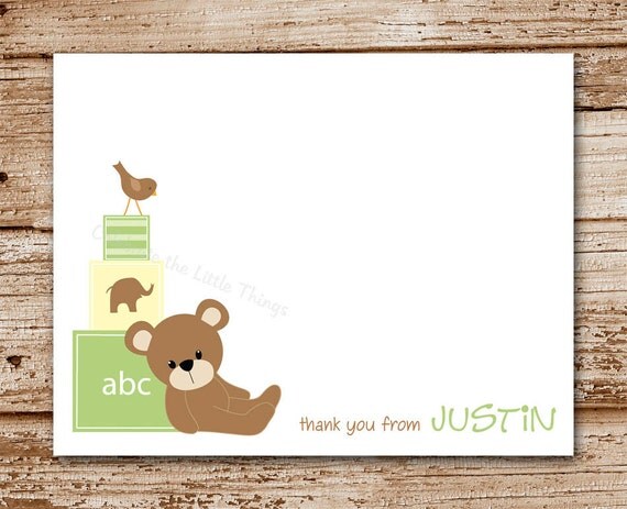 Set of 8 Teddy Bear Blocks Note Cards | Baby Thank You Cards | Personalized Stationery | Green Il_570xn