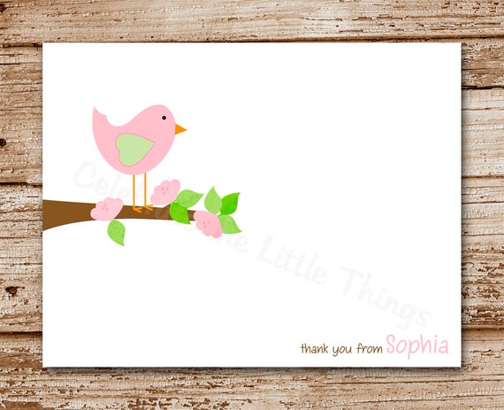 Bird Note Cards (set of 8) Personalized Stationery | Thank You | Pink Birdy, Tree Branch Notecards Il_570xn