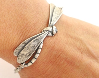 Steampunk Dragonfly Bracelet- Sterling Silver Ox or Antiqued Brass Ox Finish- Personalized Bracelet
