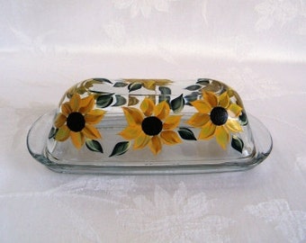 Glass butter dish, butter dish, covered butter dish, butter dish with lid, butter dish with sunflowers, hand painted butter dish